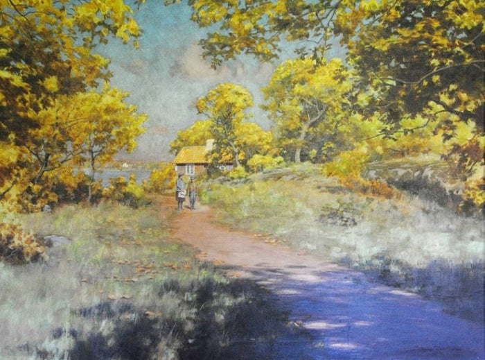 Autumn Road with Children by Johan Krouthen,A3(16x12