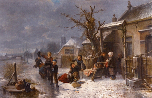 Children Playing by  a Canal in Winter, vintage artwork by Johan Mari Henri ten Kate, 12x8" (A4) Poster