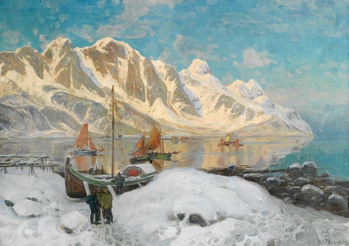Fishing Village, Lofoten, vintage artwork by Thorolf Holmboe, 12x8" (A4) Poster