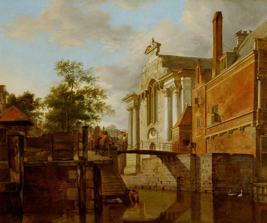 A Canal Junction near a Church, vintage artwork by Jan van der Heyden, 12x8" (A4) Poster