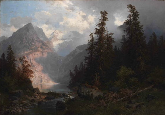 Alpine landscape with a lake, vintage artwork by Charlotte Piepenhagen, A3 (16x12") Poster Print