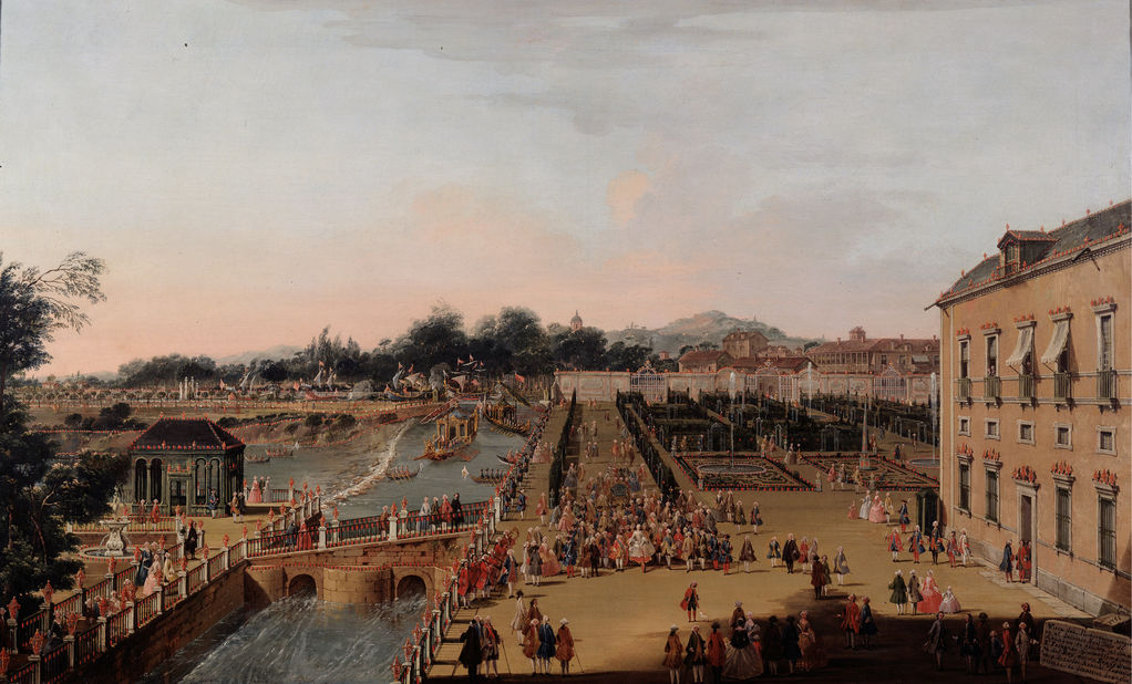 Ferdinand VI and Barbara of Braganza in the Gardens of Aranjuez, vintage artwork by Francesco Battaglioli, 12x8" (A4) Poster