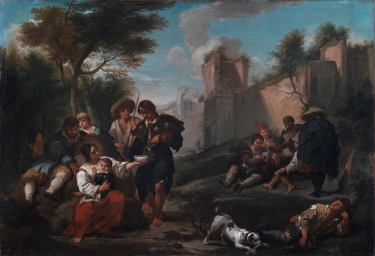 Bambociata, Pilgrims and Peasants next to the Aurelian Defensive Walls in Rome, vintage artwork by Paolo Anesi, 12x8" (A4) Poster