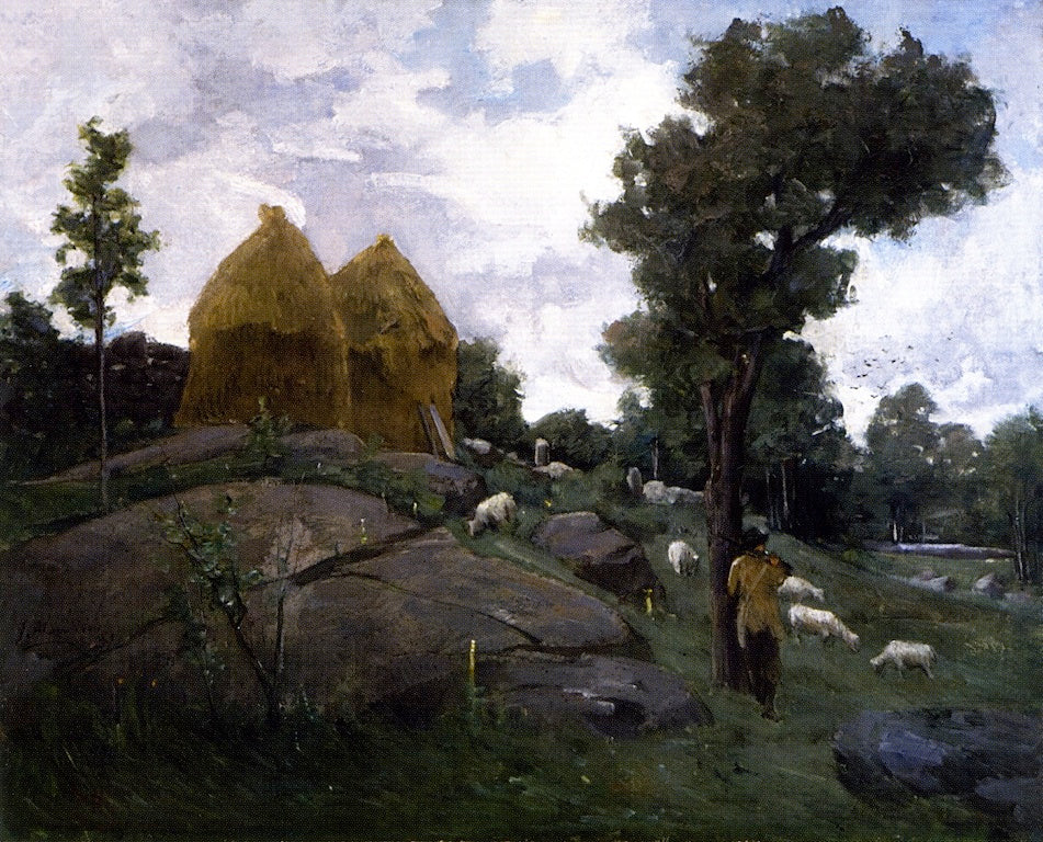 Haystacks, Shepherd and Sheep, vintage artwork by Julian Alden Weir, 12x8" (A4) Poster