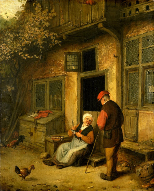 Elderly Couple in Conversation Outside a Cottage, vintage artwork by Adriaen van Ostade, 12x8" (A4) Poster