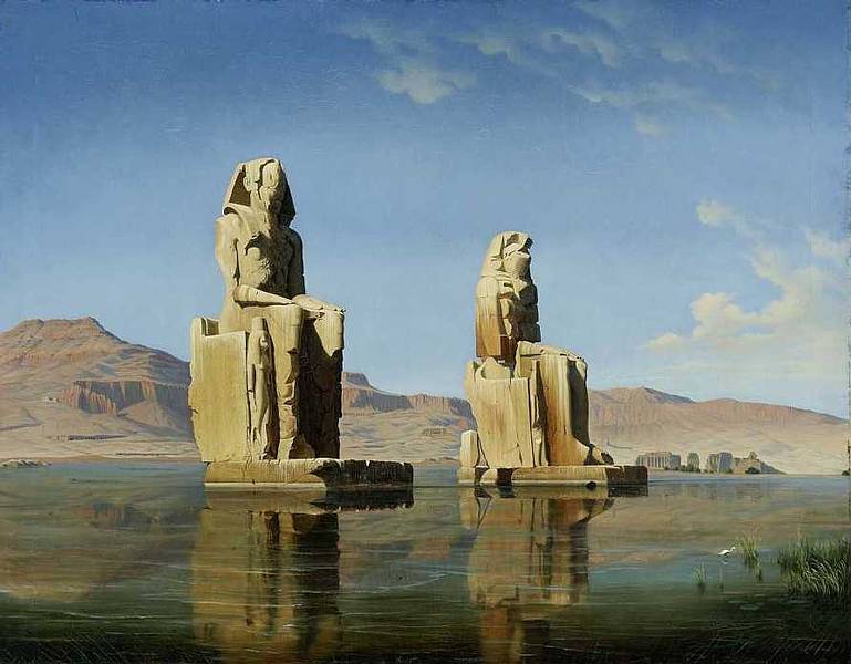 The Colossi of Memnon in Egypt, vintage artwork by Hubert Sattler, A3 (16x12") Poster Print