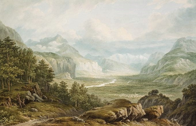 The course of the Rhône in the Pays de Valais, Switzerland, vintage artwork by John Warwick Smith, 12x8" (A4) Poster