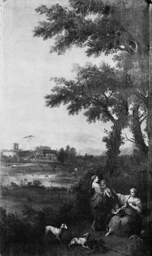 River Landscape with a Woman Giving another Woman a Child to Suckle, vintage artwork by Francesco Zuccarelli, 12x8" (A4) Poster