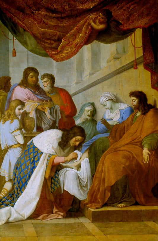 Louis IX Washing the Feet of the Poor, vintage artwork by Eustache Le Sueur, 12x8" (A4) Poster