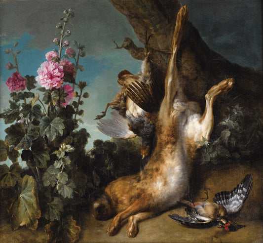 Still Life with Partridge, Hare and Hollyhocks, vintage artwork by Jean-Baptiste Oudry, 12x8" (A4) Poster