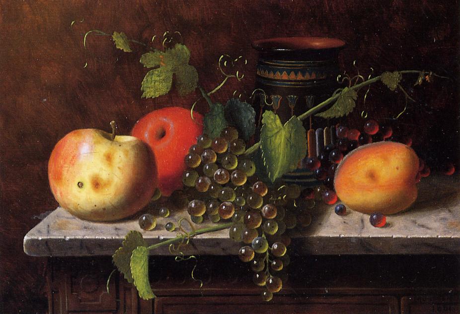 Still Life with Fruit and Vase, vintage artwork by William Michael Harnett, 12x8" (A4) Poster