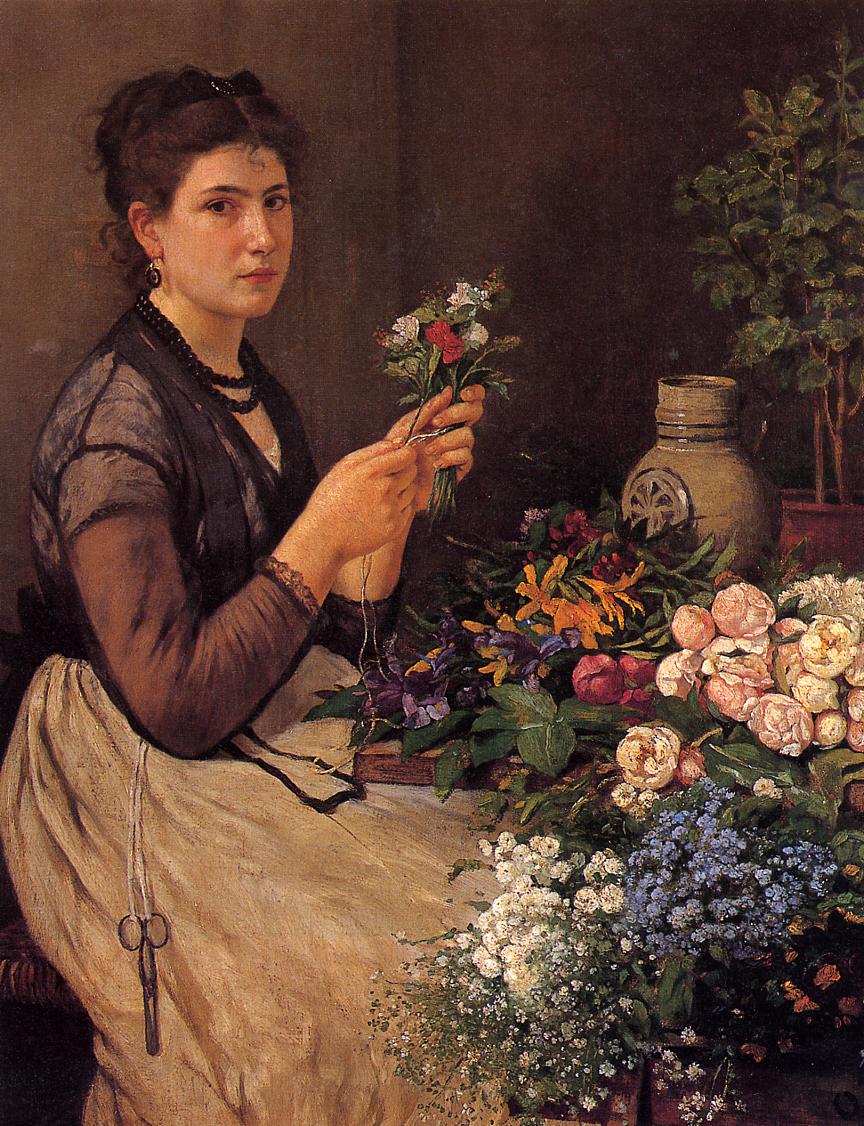 Girl Cutting Flowers, vintage artwork by Otto Scholderer, 12x8" (A4) Poster