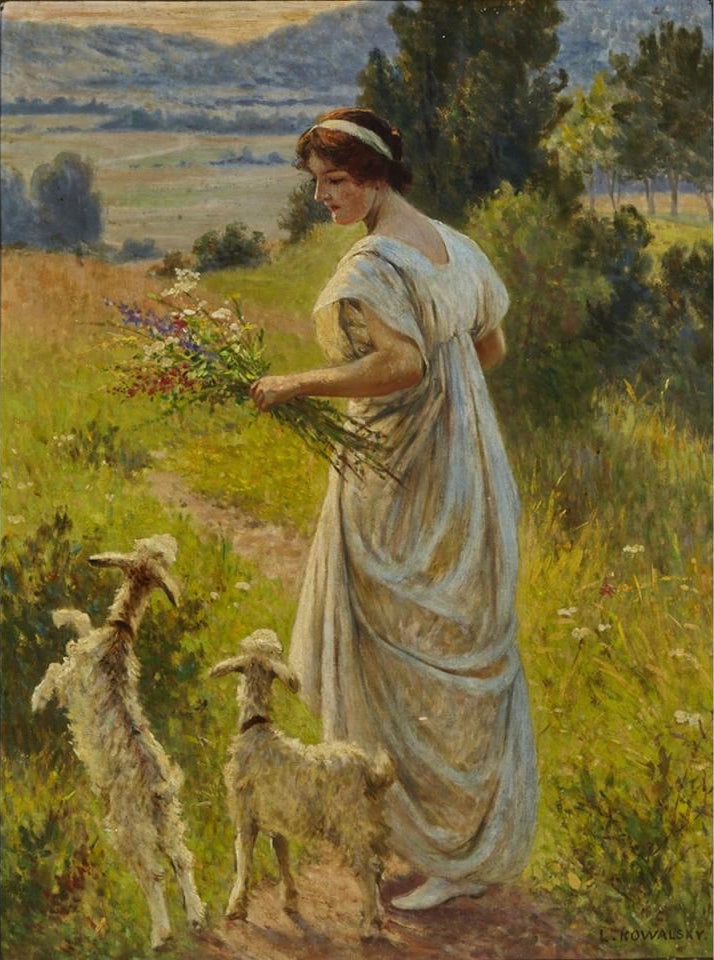 Maiden and Lambs in a Sunlit Glade, vintage artwork by Leopold Franz Kowalski, 12x8" (A4) Poster