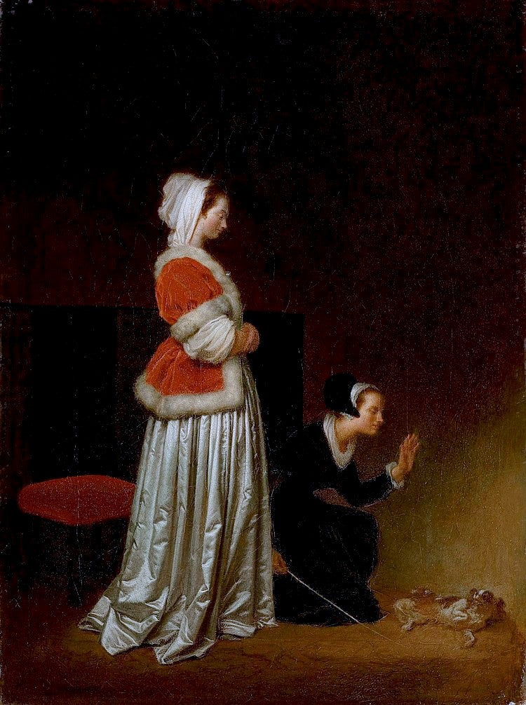 A Lady and her Maid Chastising a Spaniel, vintage artwork by Jean-Honore Fragonard, 12x8" (A4) Poster