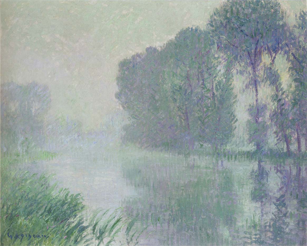 by  the Eure River - Afternoon, fog effect, vintage artwork by Gustave Loiseau, 12x8" (A4) Poster