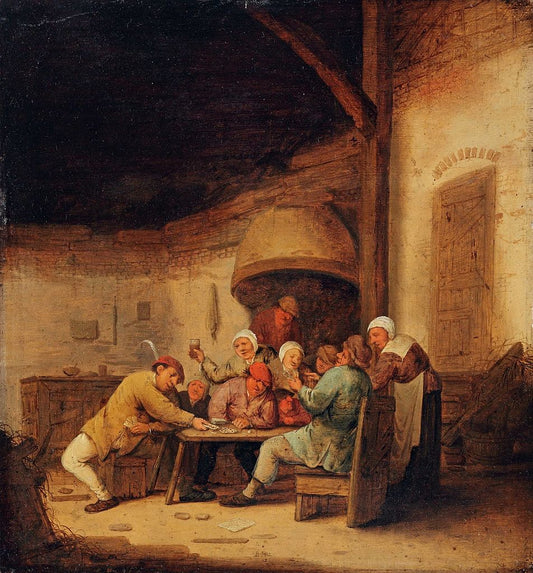 Peasants Playing Cards in a Tavern, vintage artwork by Bartholomeus Molenaer, 12x8" (A4) Poster