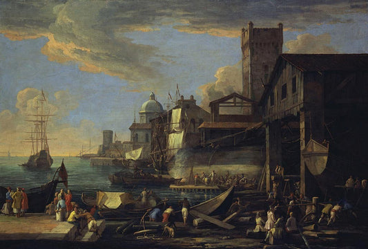 A Caprice View with a Shipyard, vintage artwork by Luca Carlevarijs, 12x8" (A4) Poster