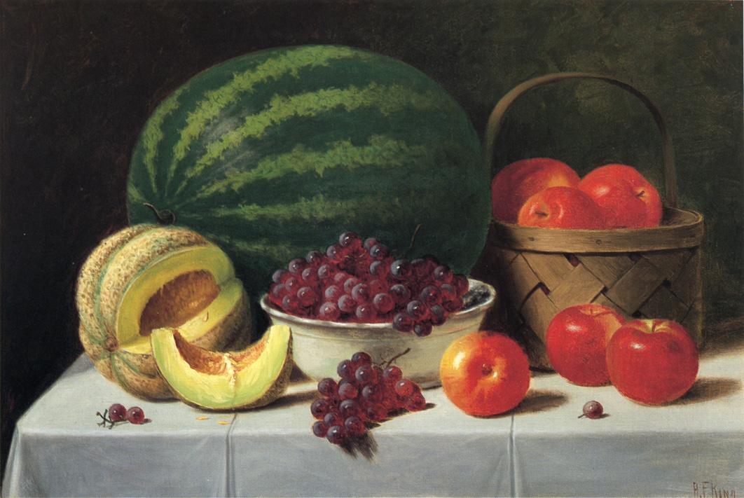Still Life with Watermelon, Cantaloupe, Grapes and Apples, vintage artwork by Albert F. King, 12x8" (A4) Poster