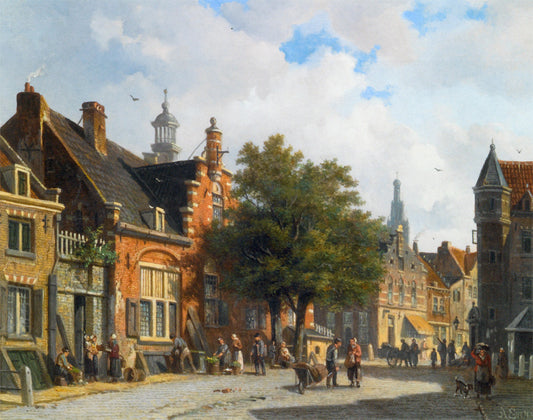 Figures in the Sunlit Streets of a Dutch Town, vintage artwork by Adrianus Eversen, A3 (16x12") Poster Print