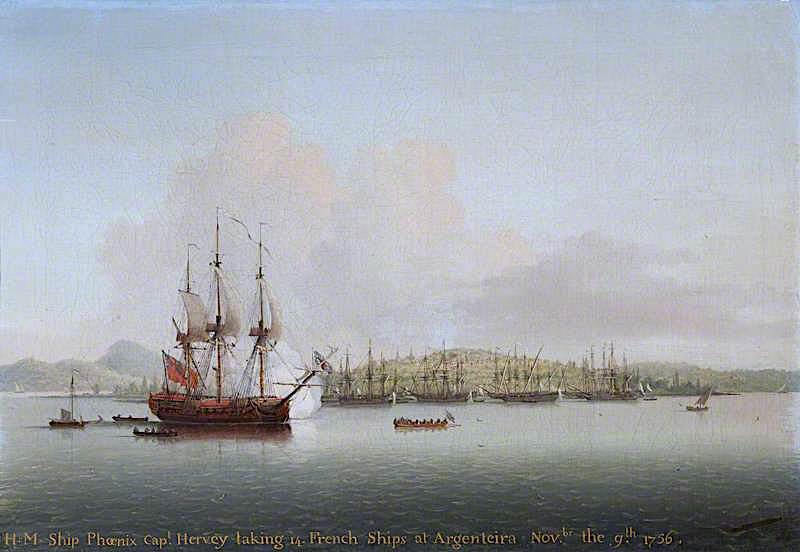Captain Augustus John Hervey in the 'Phoenix', Taking 14 French Ships at Argentiera, 9, vintage artwork by Dominic Serres, 12x8" (A4) Poster