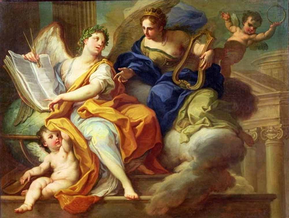 Urania and Erato, vintage artwork by Sebastiano Conca, 12x8" (A4) Poster