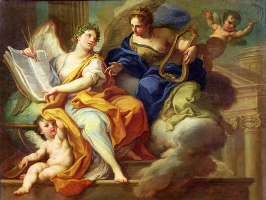 Urania and Erato, vintage artwork by Sebastiano Conca, 12x8" (A4) Poster