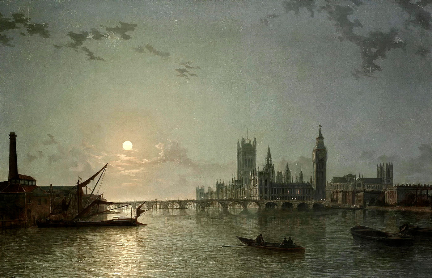 A Moonlit View of the Houses of Parliament from the Thames, vintage artwork by Henry Pether, 12x8" (A4) Poster