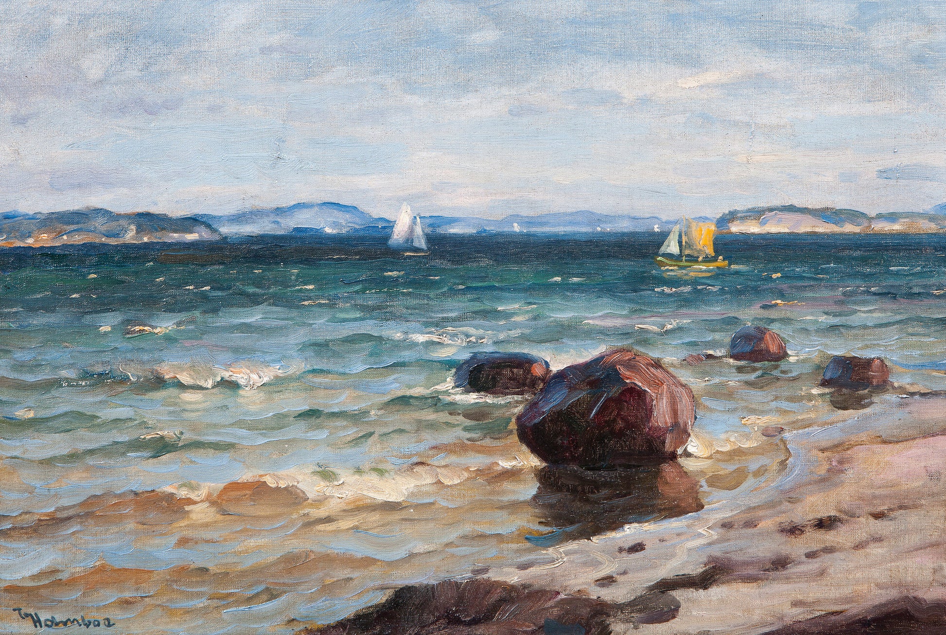 Seascape with Sailboats, vintage artwork by Thorolf Holmboe, 12x8" (A4) Poster