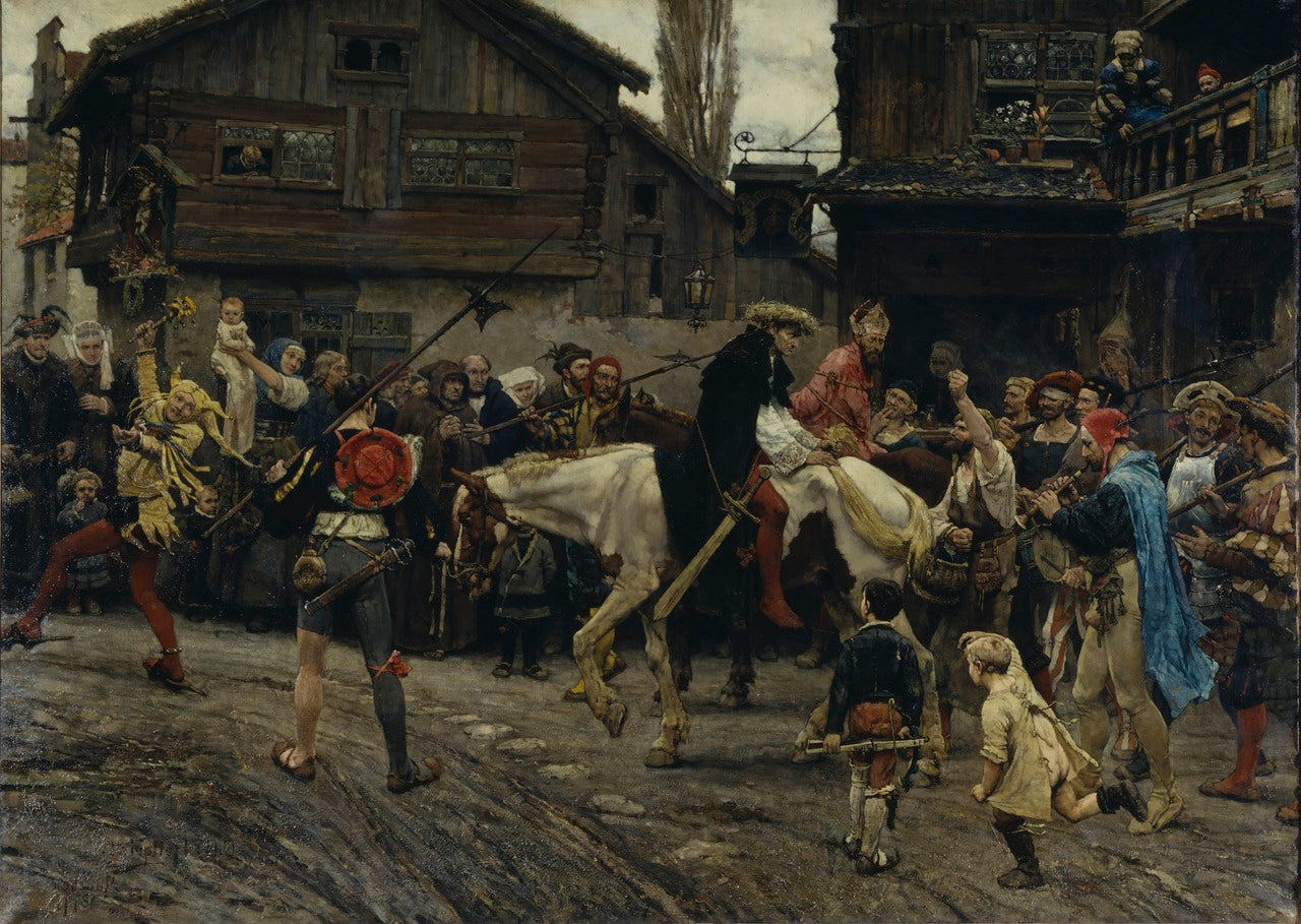 Peder Sunnanväder's and Mäster Knut's Ignominious Entry into Stocktholm, 1526, vintage artwork by Carl Gustav Hellqvist, 12x8" (A4) Poster