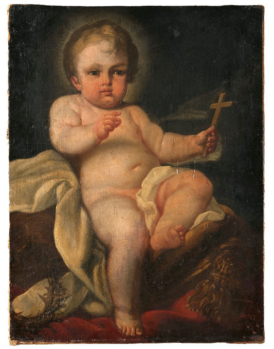 The Christ Child Holding a Cross, vintage artwork by Sebastiano Conca, 12x8" (A4) Poster