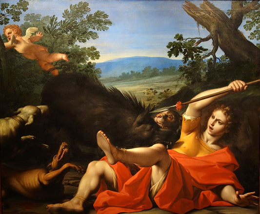 Story of Venus and Diana - Death of Adonis, vintage artwork by Marcantonio Franceschini, 12x8" (A4) Poster