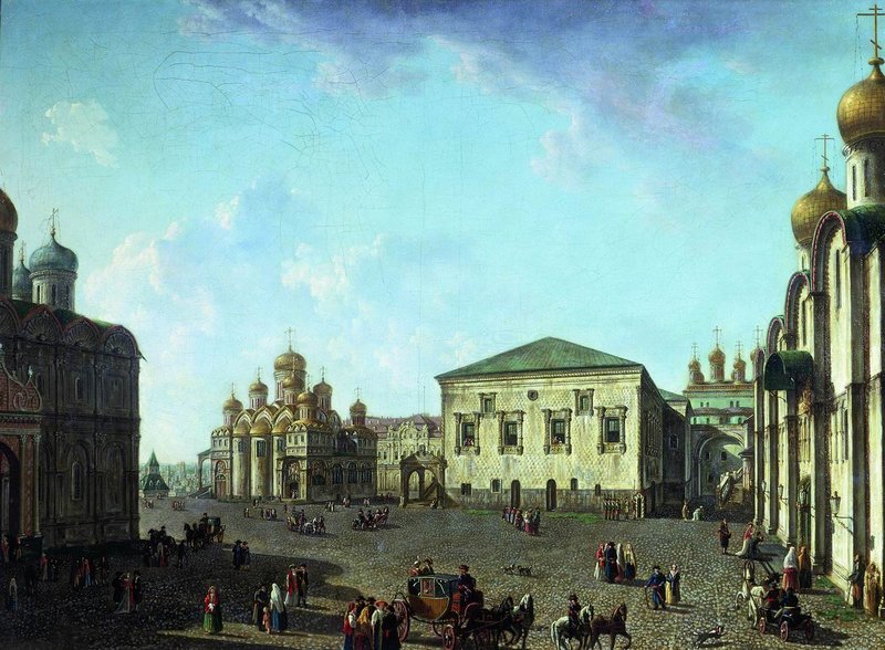 Square in Front of the Assumption Cathedral in the Moscow Kremlin, vintage artwork by Fedor Yakovlevich Alekseev, 12x8" (A4) Poster