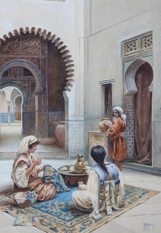 Courtyard of a Moorish House, vintage artwork by Vittorio Rappini, 12x8" (A4) Poster