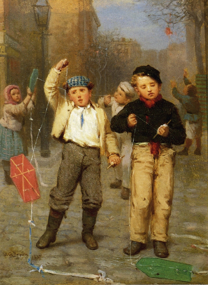 Flying Kites, vintage artwork by John George Brown, 12x8" (A4) Poster
