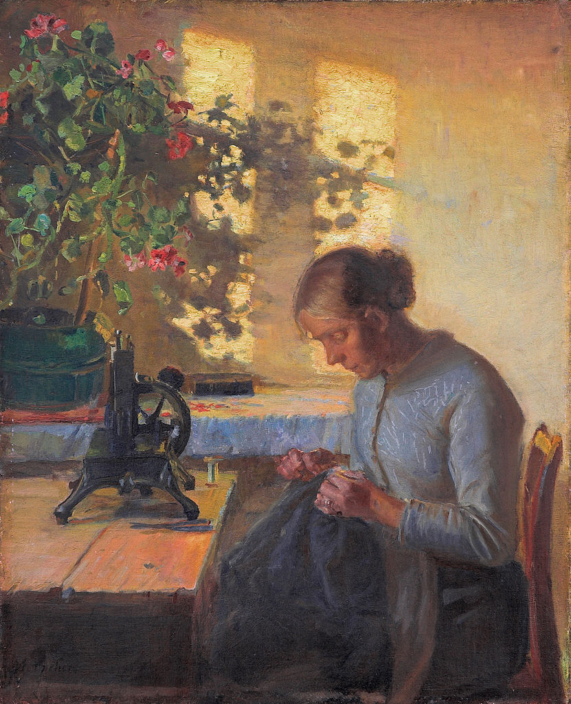 Sewing Fisherman's Wife, vintage artwork by Anna Ancher, 12x8" (A4) Poster