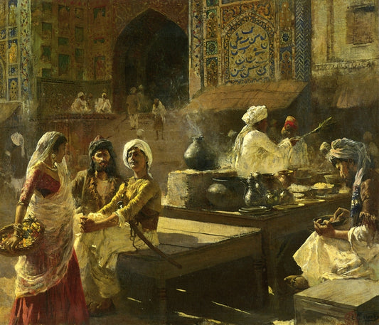 An Open-Air Kitchen, Lahore, India, vintage artwork by Edwin Lord Weeks, 12x8" (A4) Poster