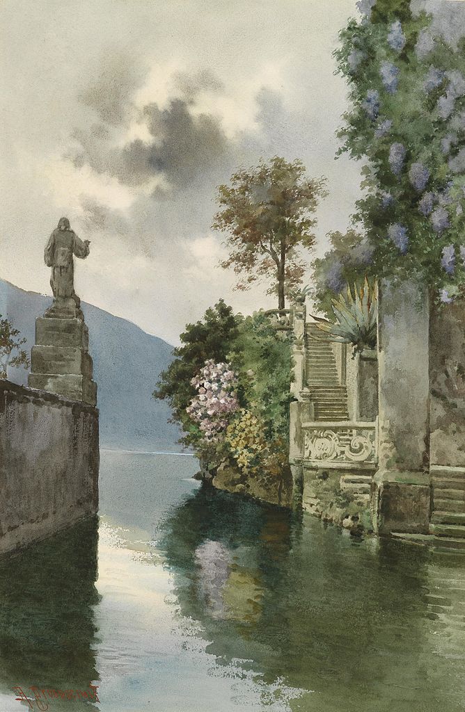 Stone stairs to the lake shore, vintage artwork by Albert Prosdocimi, 12x8" (A4) Poster