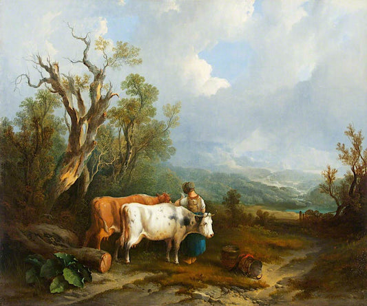 Landscape with Cattle and Figure of a Woman, vintage artwork by William Shayer Snr, 12x8" (A4) Poster