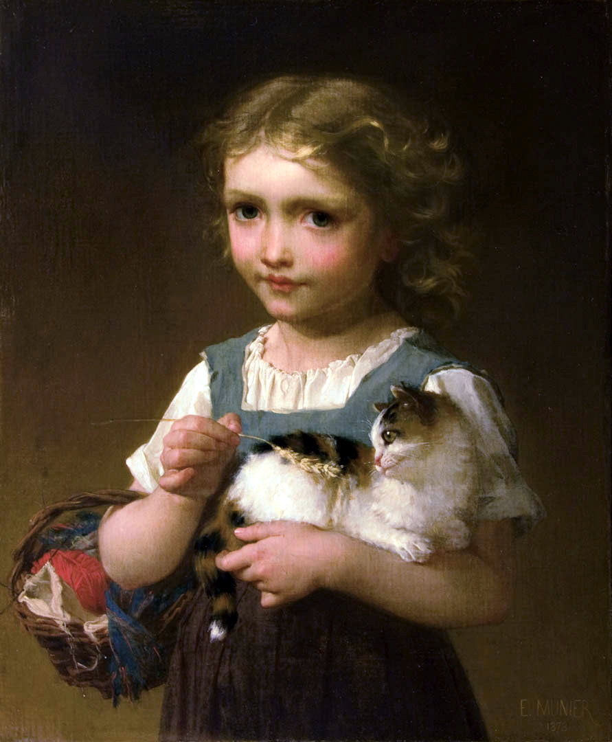 Girl with a Kitten, vintage artwork by Émile Munier, 12x8" (A4) Poster