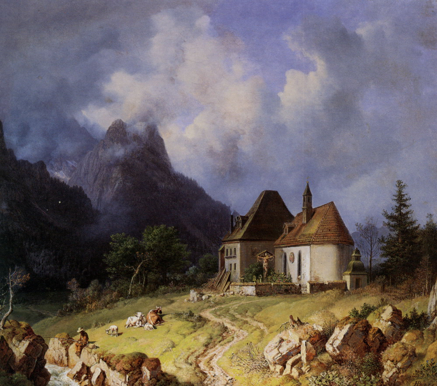 The little church of Hinterriss, vintage artwork by Heinrich Bürkel, A3 (16x12") Poster Print