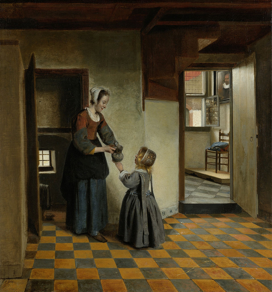 A Woman with a Child in a Pantry, vintage artwork by Pieter de Hooch, 12x8" (A4) Poster