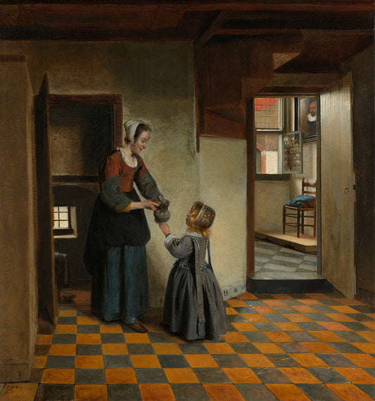 A Woman with a Child in a Pantry, vintage artwork by Pieter de Hooch, 12x8" (A4) Poster