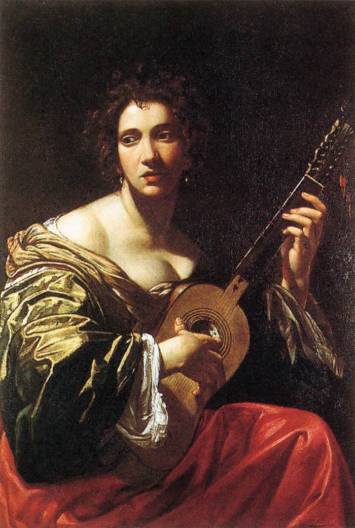 Woman Playing the Guitar, vintage artwork by Simon Vouet, 12x8" (A4) Poster