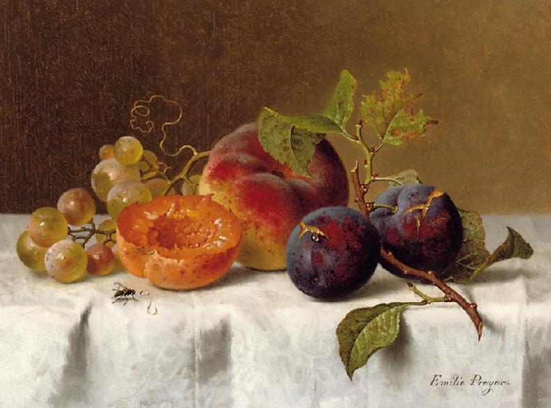 Still Life with Plums, Grapes and Apricots, vintage artwork by Emilie Preyer, 12x8" (A4) Poster