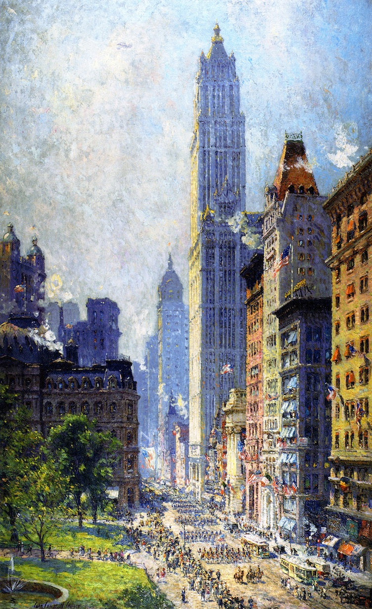 Lower Broadway in Wartime, vintage artwork by Colin Campbell Cooper, 12x8" (A4) Poster