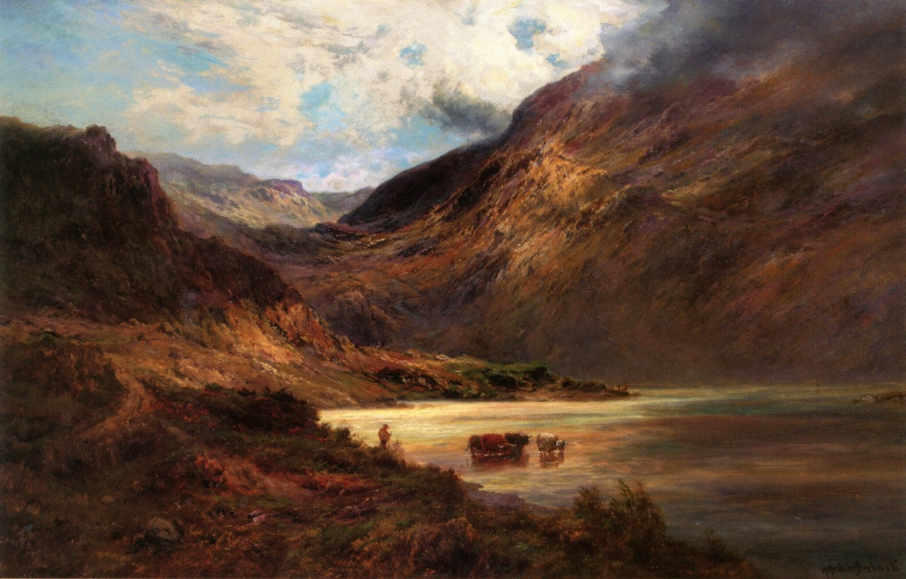 Cattle Watering in the Highlands, vintage artwork by Alfred de Breanski, Sr., 12x8" (A4) Poster