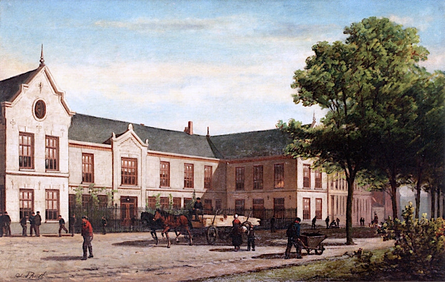 A Busy Day outside the Ambachtsschool, Weteringschans, Amsterdam, vintage artwork by Johan Adolph Rust, 12x8" (A4) Poster