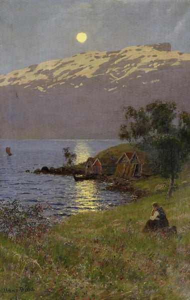 Midnight Sun over the Fjord, vintage artwork by Hans Dahl, 12x8" (A4) Poster