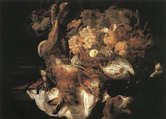 Still-life with Dog and Cat, vintage artwork by Jan Fyt, 12x8" (A4) Poster