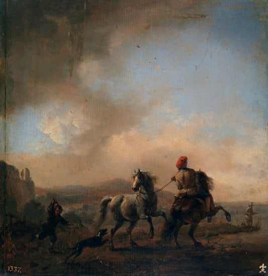 Horse Frightened by  a Dog, vintage artwork by Philips Wouwerman, 12x8" (A4) Poster